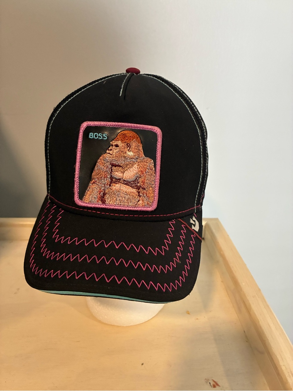 Boss Black Cap with Pink Trim and Embroidered Gorilla Patch